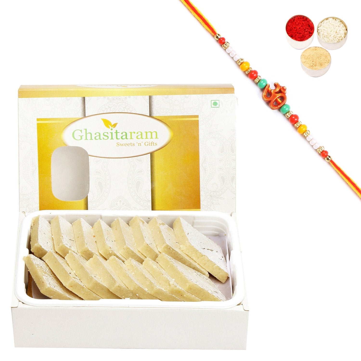 Ghasitaram Pure Kaju Katlis Box With Pearl Beads Rakhi - Safuron