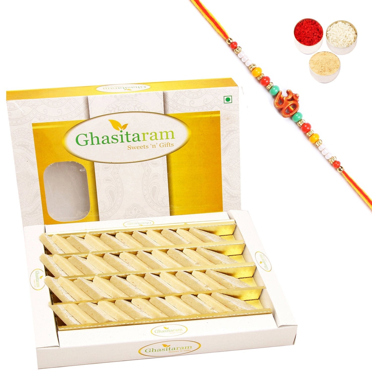 Ghasitaram Pure Kaju Katlis Box With Pearl Beads Rakhi - Safuron