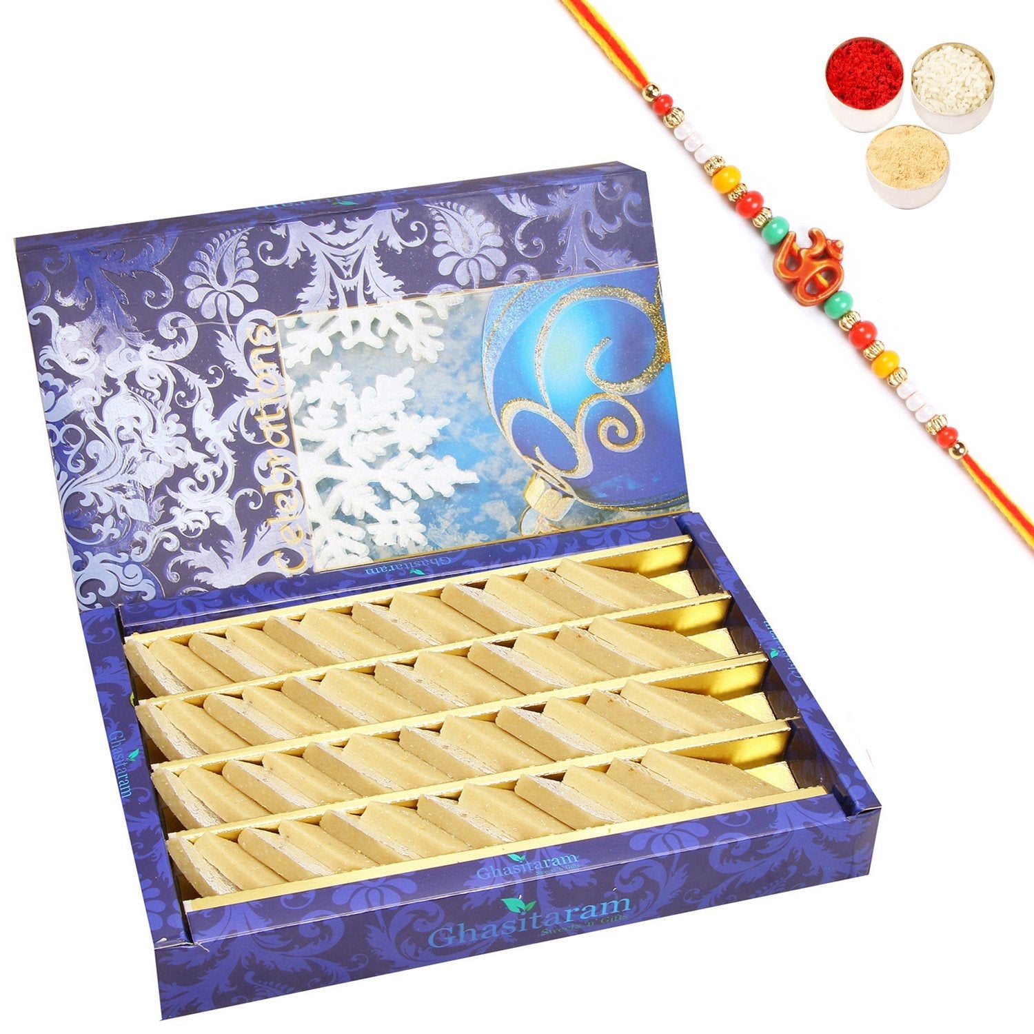 Ghasitaram Pure Kaju Katlis Box With Pearl Beads Rakhi - Safuron