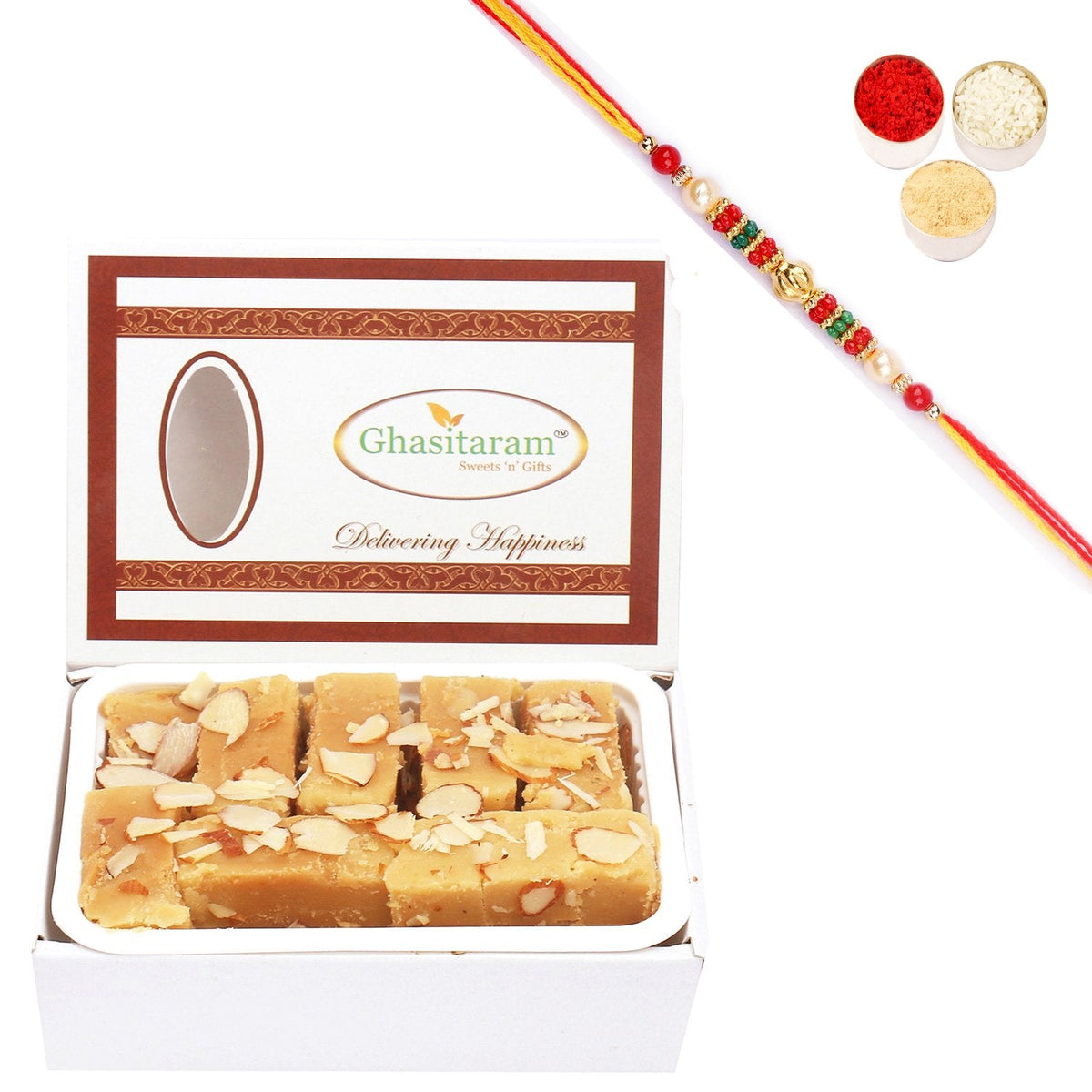 Ghasitaram Soft Mysore pak With Pearl Beads Rakhi - Safuron