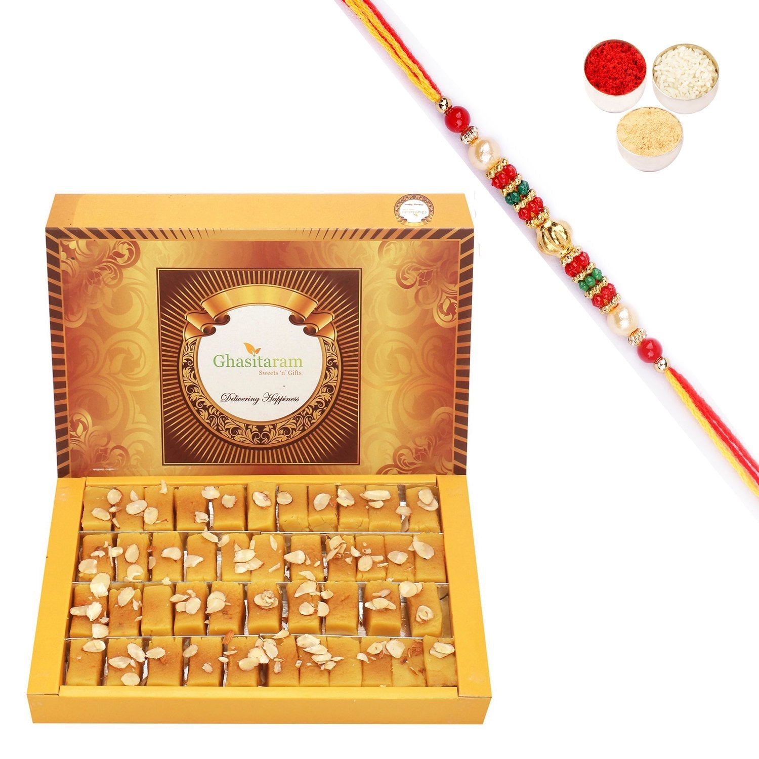 Ghasitaram Soft Mysore pak With Pearl Beads Rakhi - Safuron