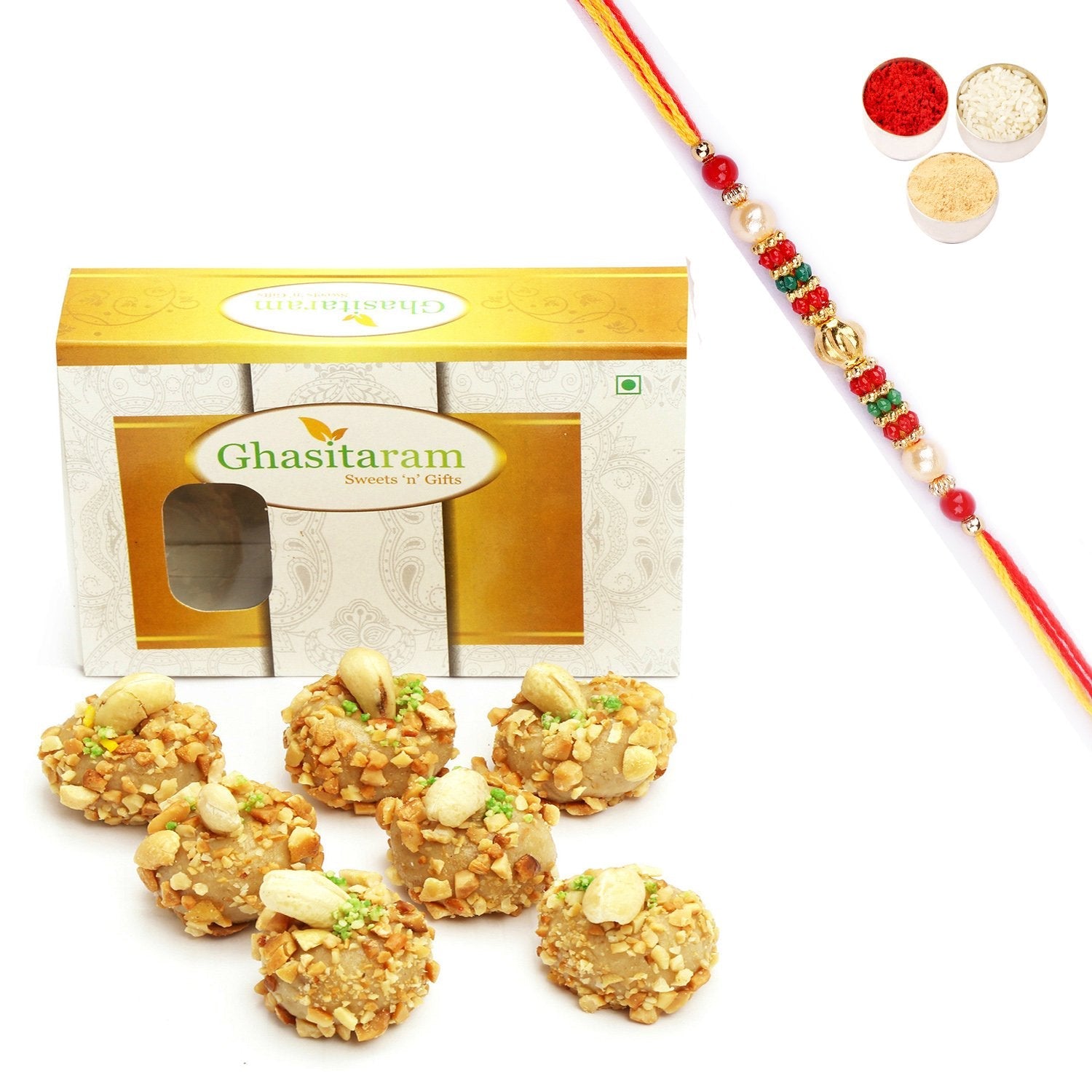 Ghasitaram Roasted Kaju Laddoo With Pearl Beads Rakhi - Safuron