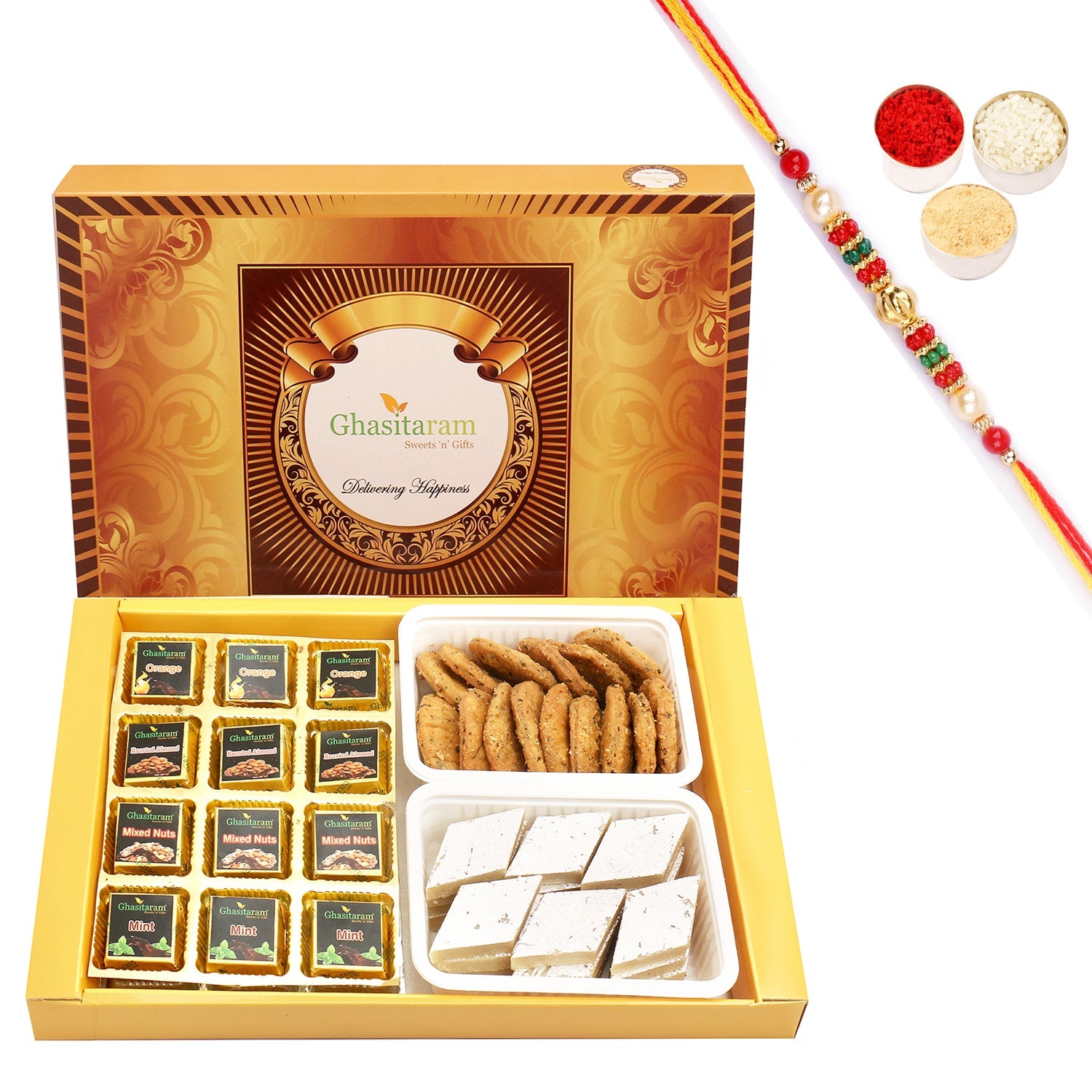 Ghasitaram Assorted Chocolates, Kaju Katli and Methi Mathi With Pearl Beads Rakhi - Safuron
