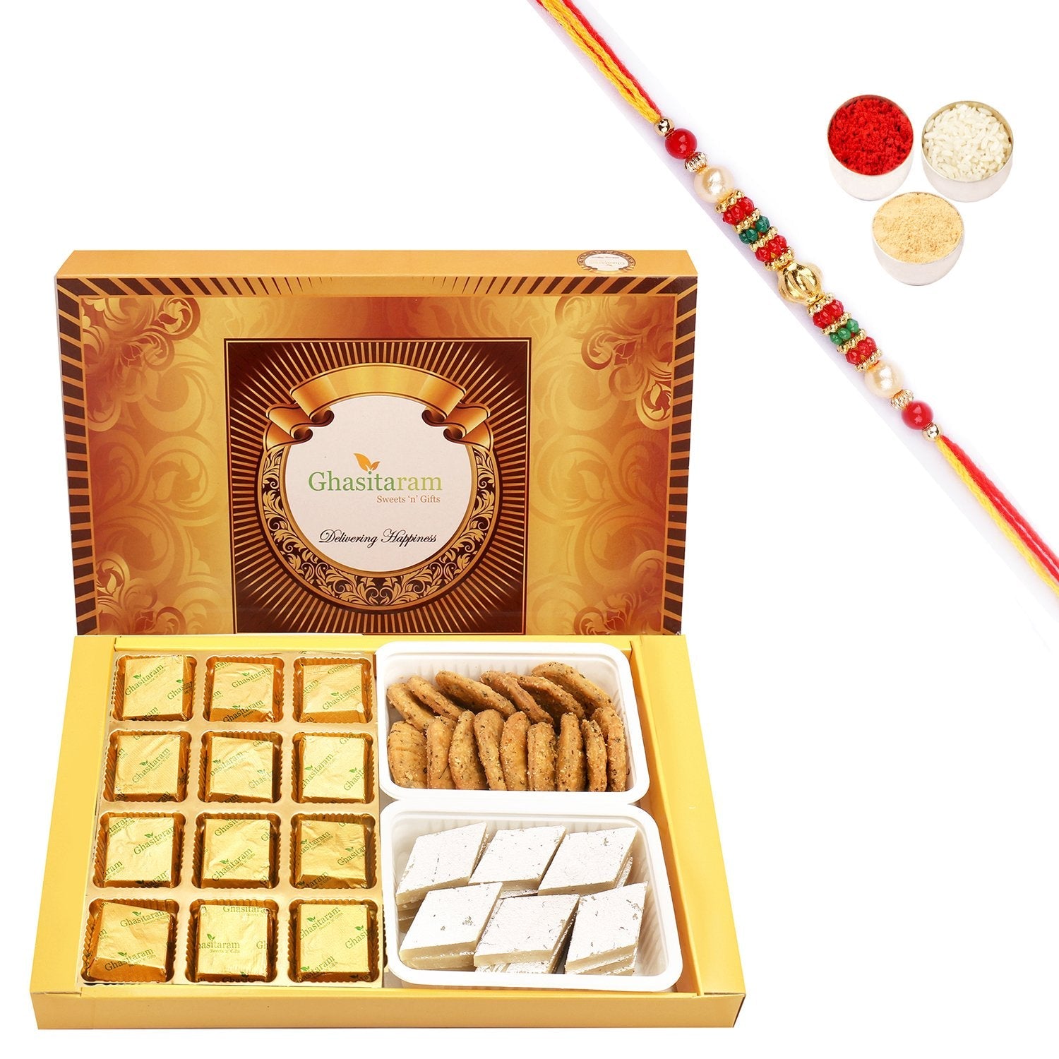Ghasitaram Mewa Bites, Kaju Katli and Methi Mathi With Pearl Beads Rakhi - Safuron