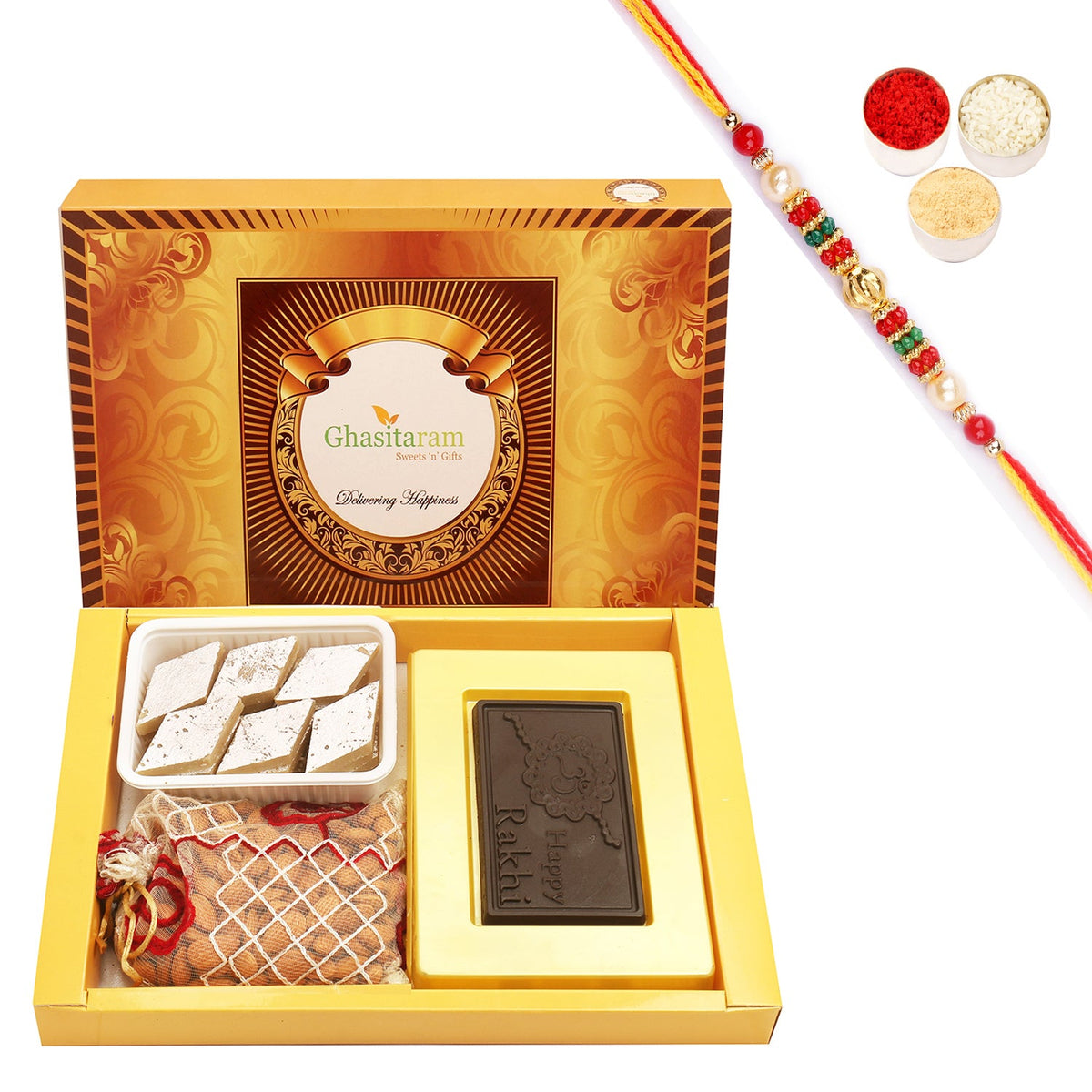 Ghasitaram Happy Rakhi Chocolate, Almonds and Kaju Katli With Pearl Beads Rakhi - Safuron