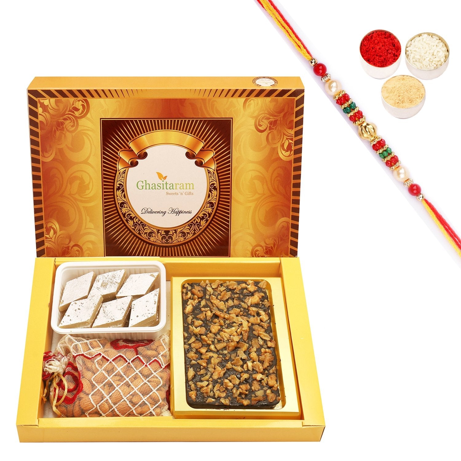 Ghasitaram Walnut Chocolate Bark, Almonds and Kaju Katli With Pearl Beads Rakhi - Safuron
