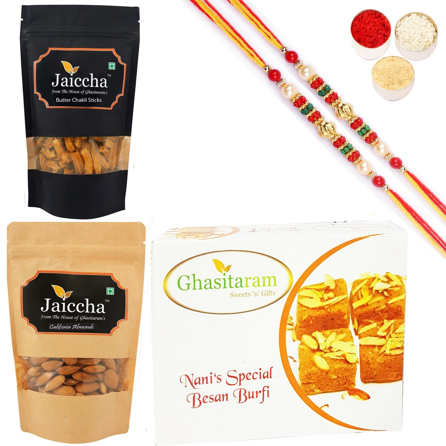 Ghasitaram Besan Barfi, Butter Chakli Sticks and Almonds With 2 Pearl Beads Rakhis - Safuron
