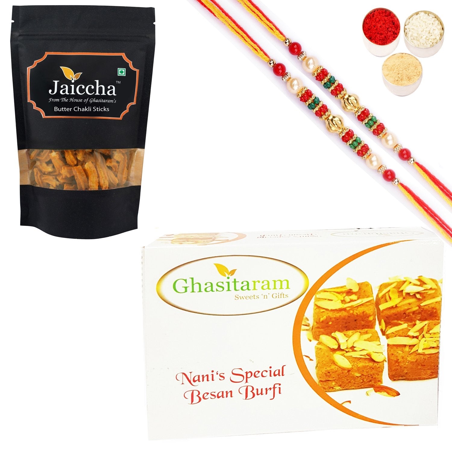 Ghasitaram Besan Barfi and Butter Chakli Sticks With 2 Pearl Beads Rakhis - Safuron