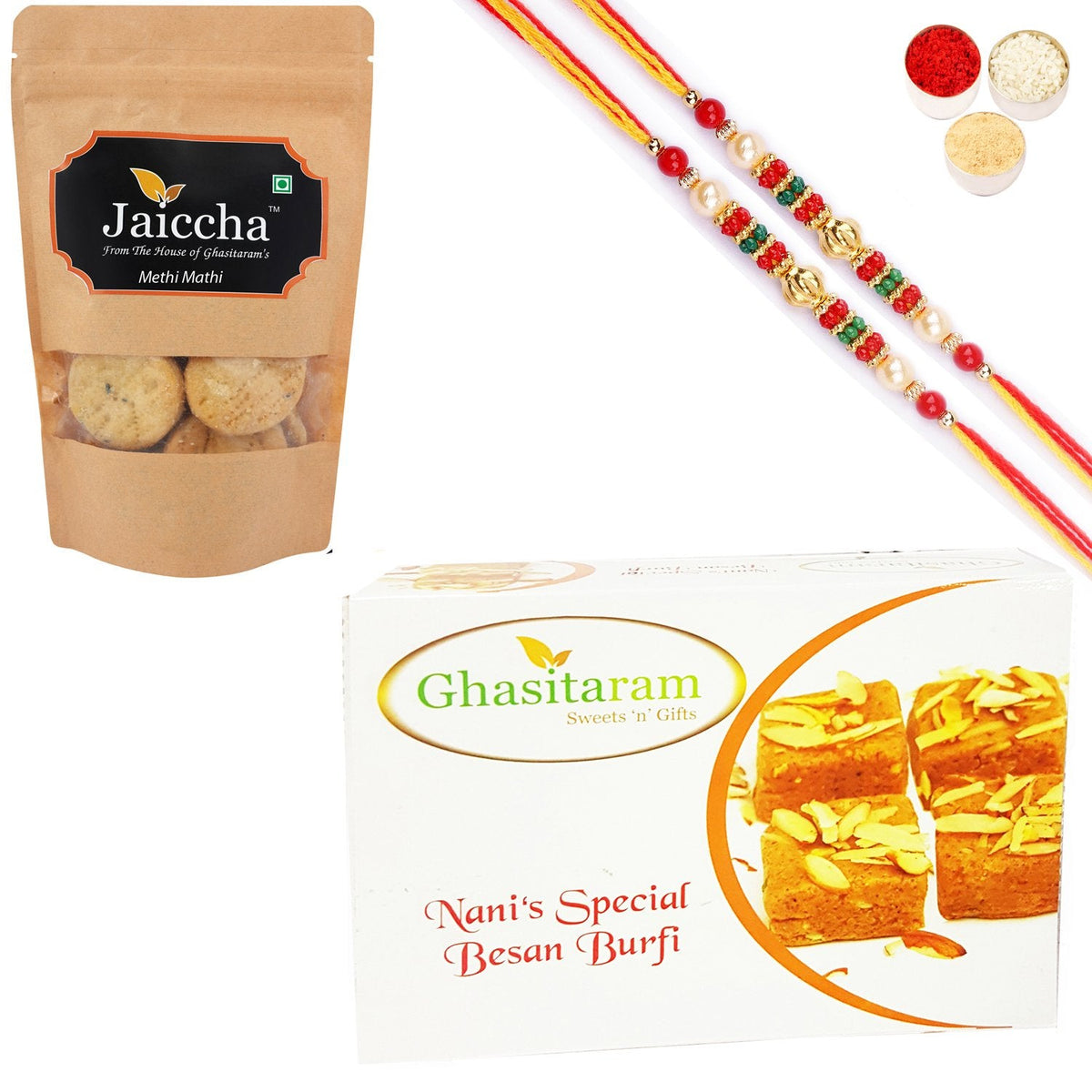 Ghasitaram Besan Barfi and Methi Mathi With 2 Pearl Beads Rakhis - Safuron