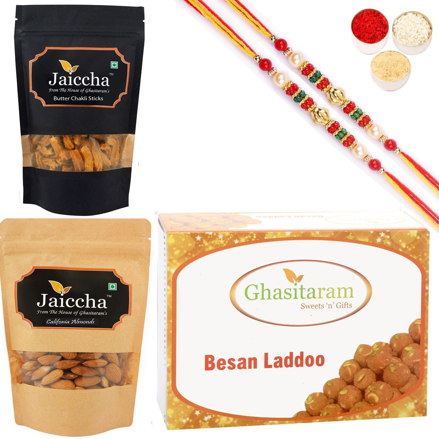 Ghasitaram Besan Laddoo, Butter Chakli Sticks and Almonds With 2 Pearl Beads Rakhis - Safuron