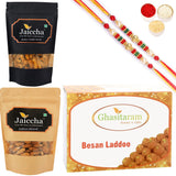 Ghasitaram Besan Laddoo, Butter Chakli Sticks and Almonds With 2 Pearl Beads Rakhis - Safuron