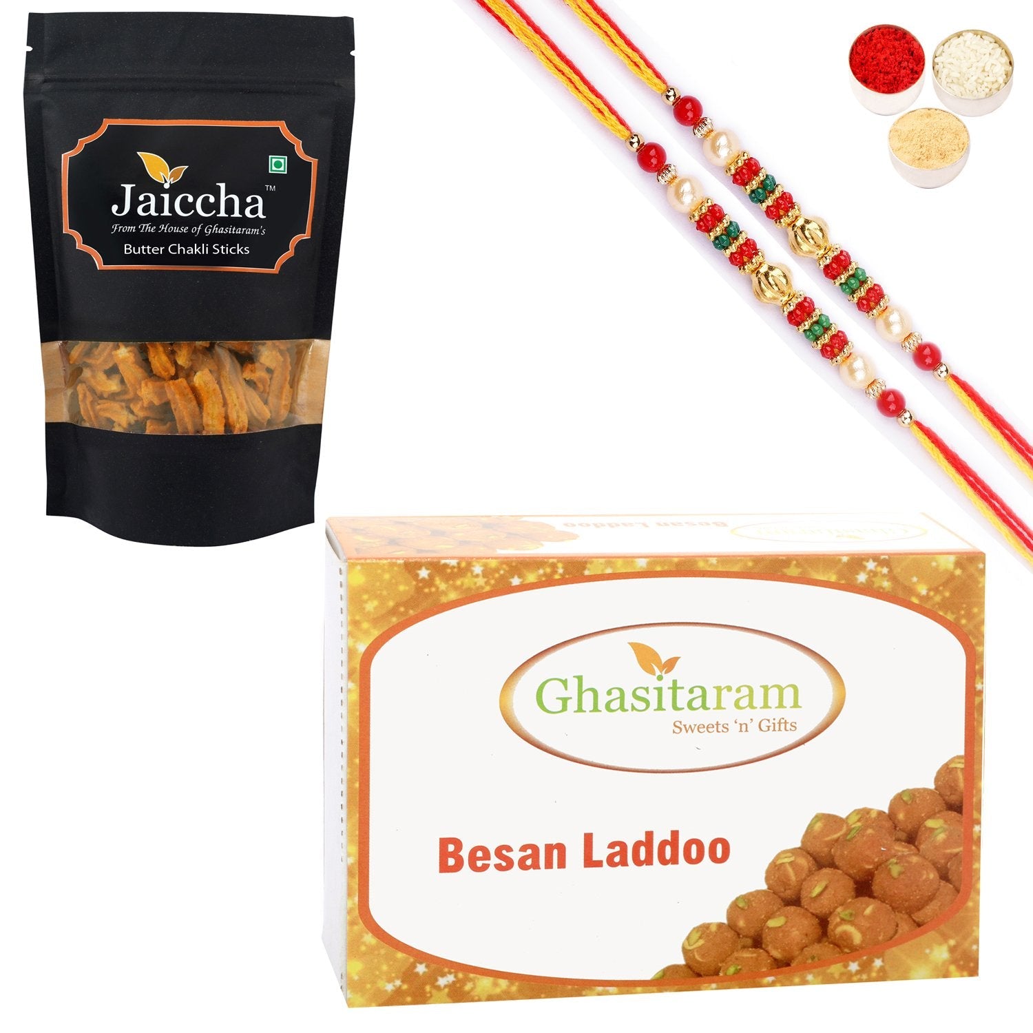 Ghasitaram Besan Laddoo and Butter Chakli Sticks With 2 Pearl Beads Rakhis - Safuron