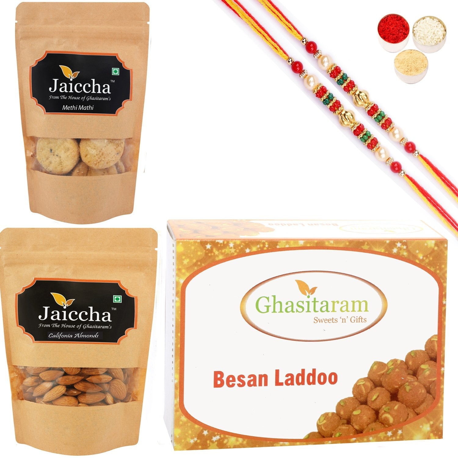 Ghasitaram Besan Laddoo, Methi Mathi and Almonds With 2 Pearl Beads Rakhis - Safuron