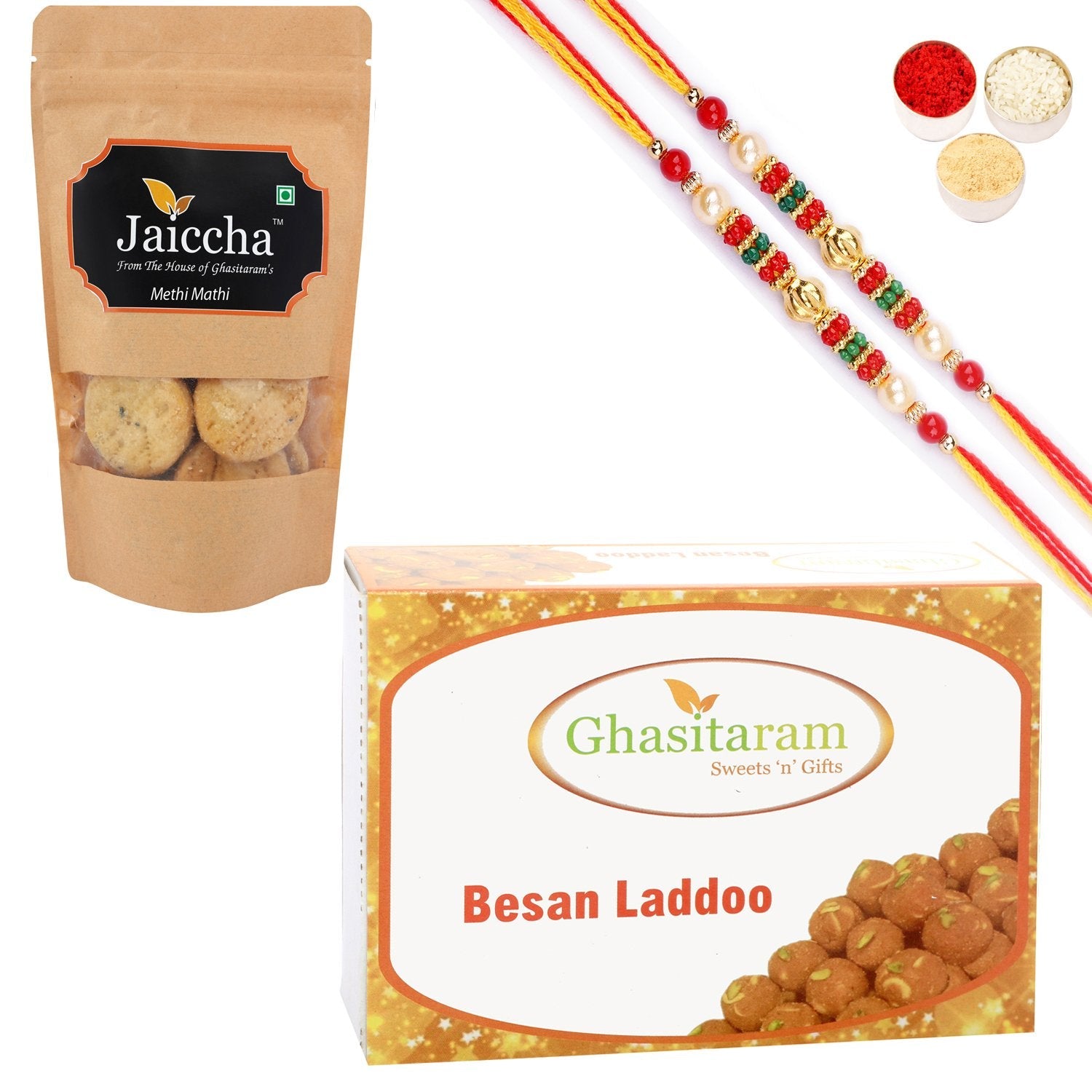 Ghasitaram Besan Laddoo and Methi Mathi With 2 Pearl Beads Rakhis - Safuron