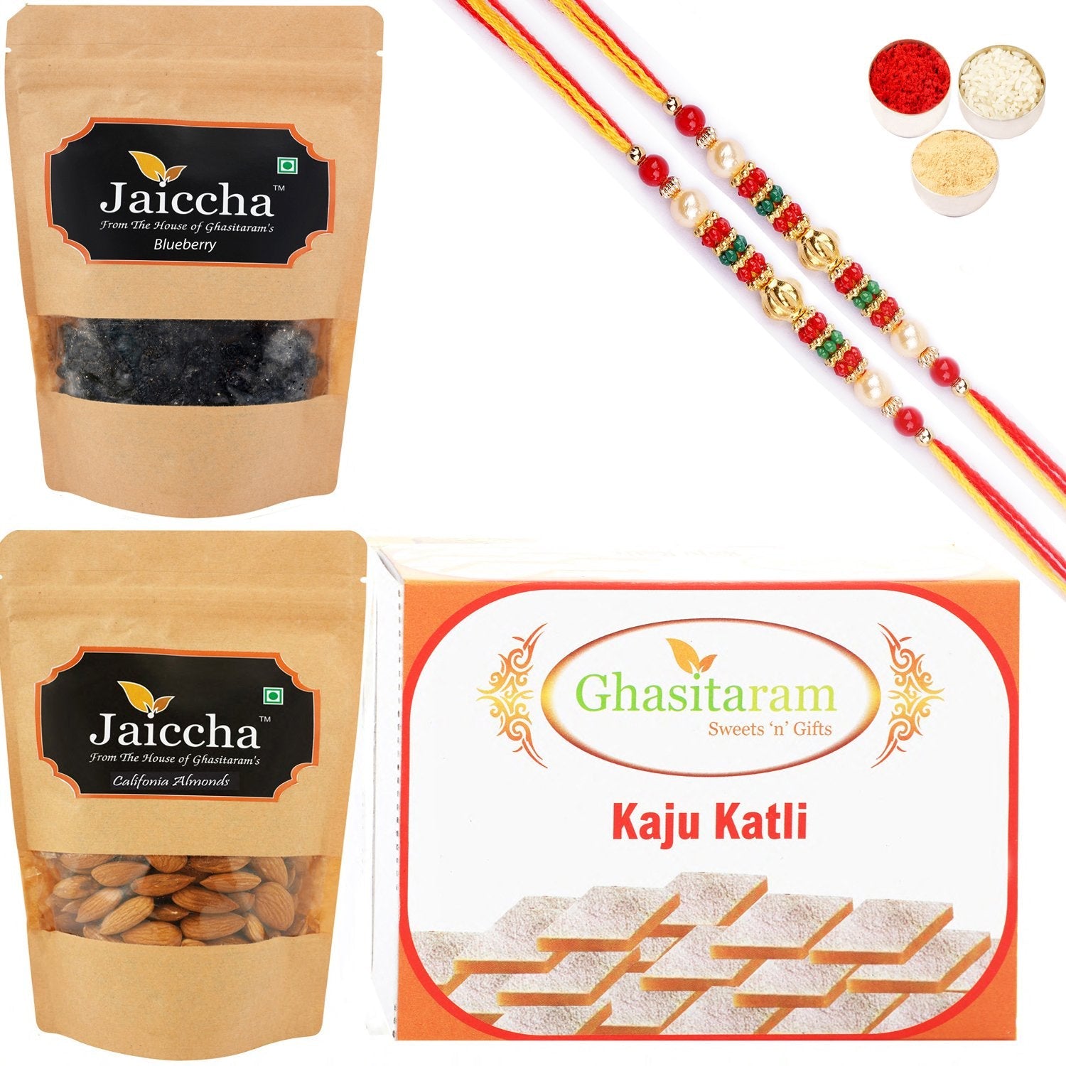 Ghasitaram Kaju Katli ,Blueberry and Almonds Pouch With 2 Pearl Beads Rakhis - Safuron