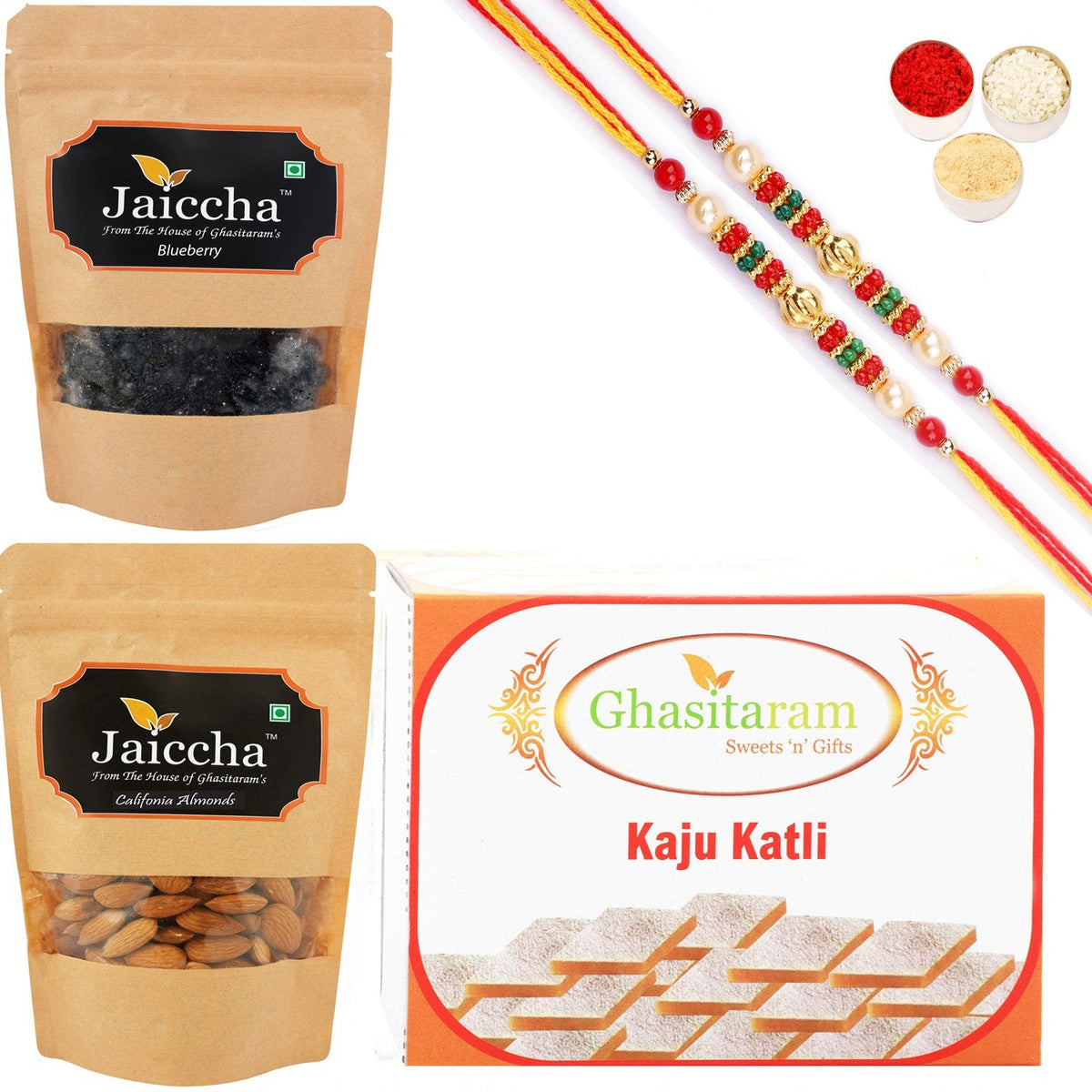 Ghasitaram Kaju Katli ,Blueberry and Almonds Pouch With 2 Pearl Beads Rakhis - Safuron