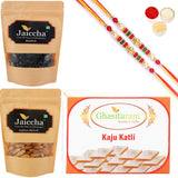 Ghasitaram Kaju Katli ,Blueberry and Almonds Pouch With 2 Pearl Beads Rakhis - Safuron