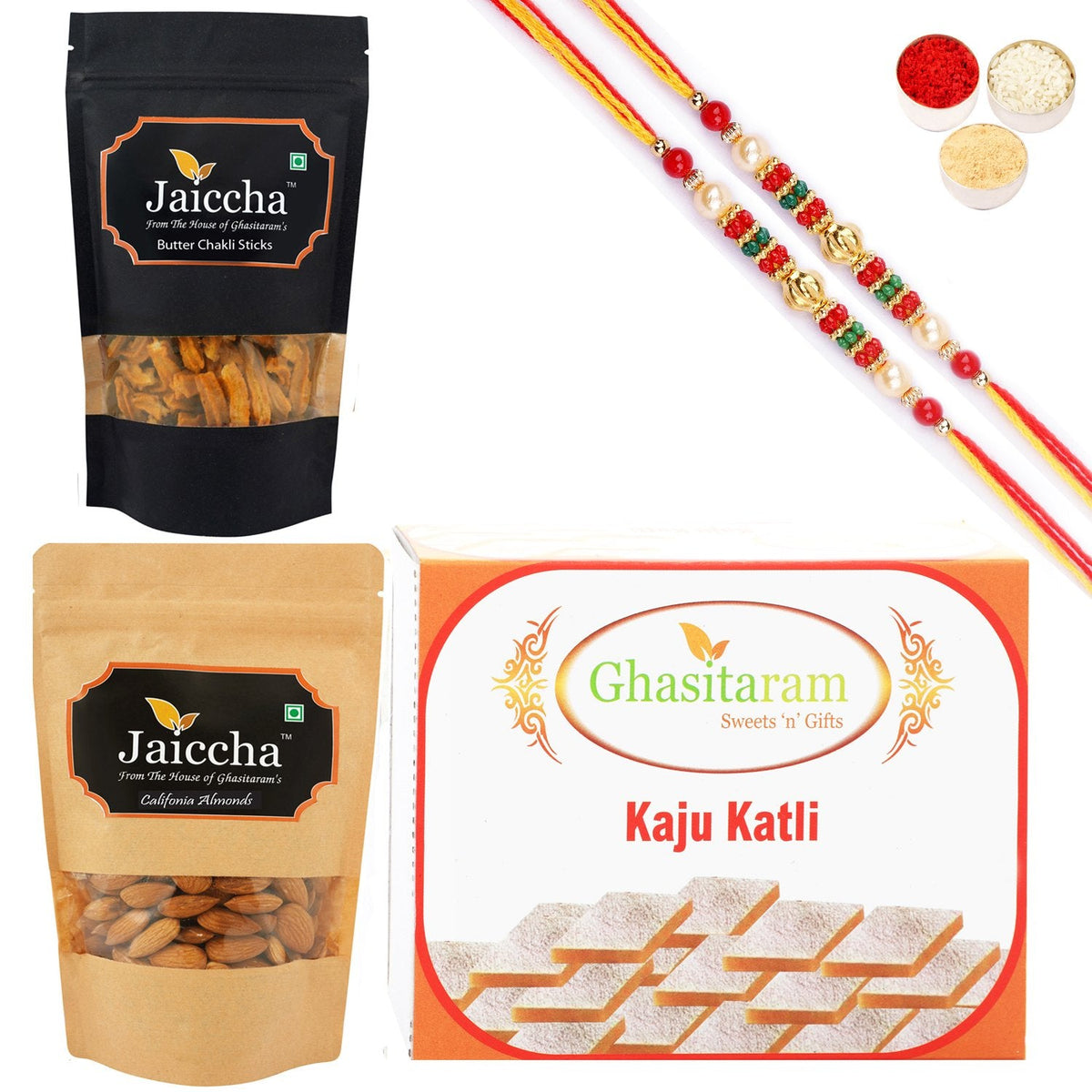 Ghasitaram Kaju Katli, Butter Chakli Sticks and Almonds With 2 Pearl Beads Rakhis - Safuron