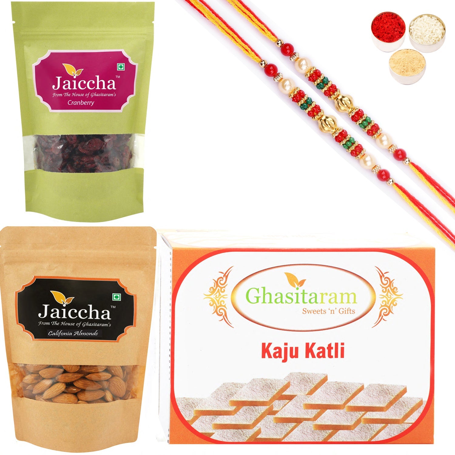 Ghasitaram Kaju Katli ,Cranberry and Almonds Pouch With 2 Pearl Beads Rakhis - Safuron