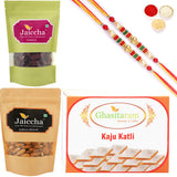 Ghasitaram Kaju Katli ,Cranberry and Almonds Pouch With 2 Pearl Beads Rakhis - Safuron