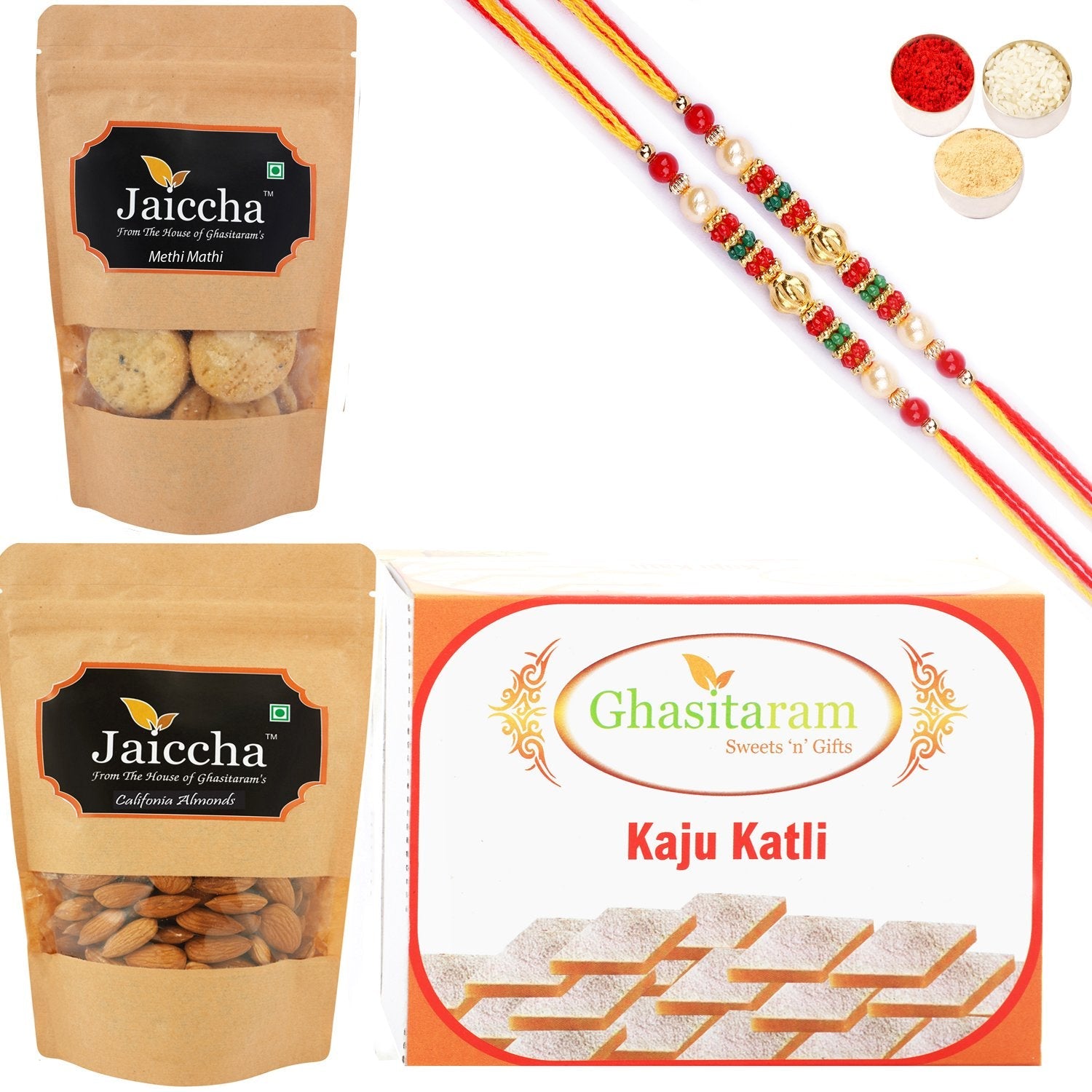 Ghasitaram Kaju Katli, Methi Mathi and Almonds With 2 Pearl Beads Rakhis - Safuron