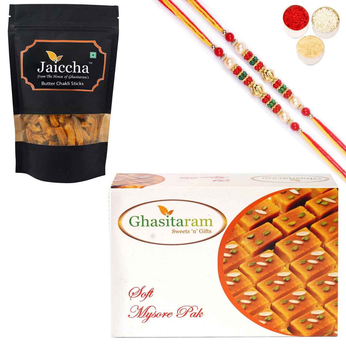 Ghasitaram Mysore Pak and Butter Chakli Sticks With 2 Pearl Beads Rakhis - Safuron