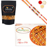 Ghasitaram Mysore Pak and Butter Chakli Sticks With 2 Pearl Beads Rakhis - Safuron