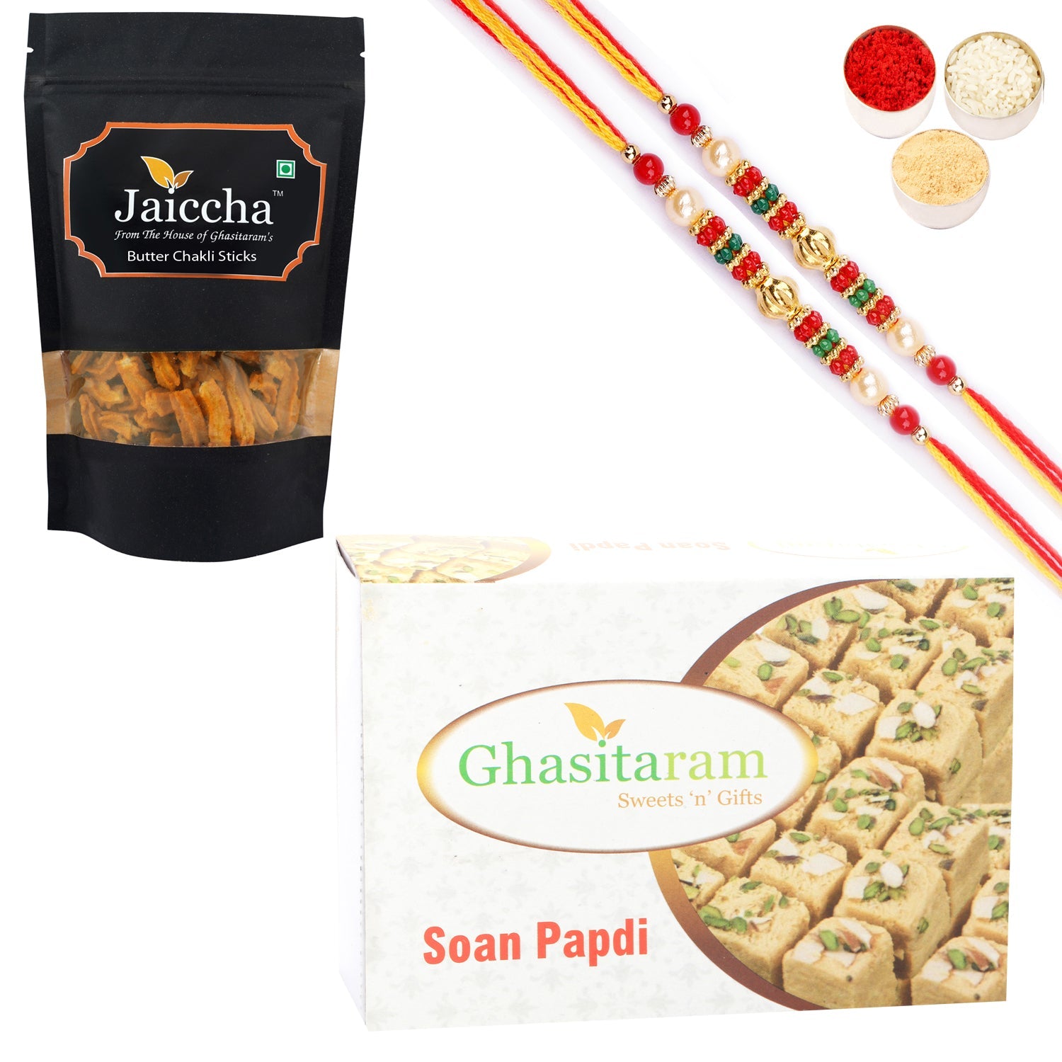 Ghasitaram Soan Papdi and Butter Chakli Sticks With 2 Pearl Beads Rakhis - Safuron