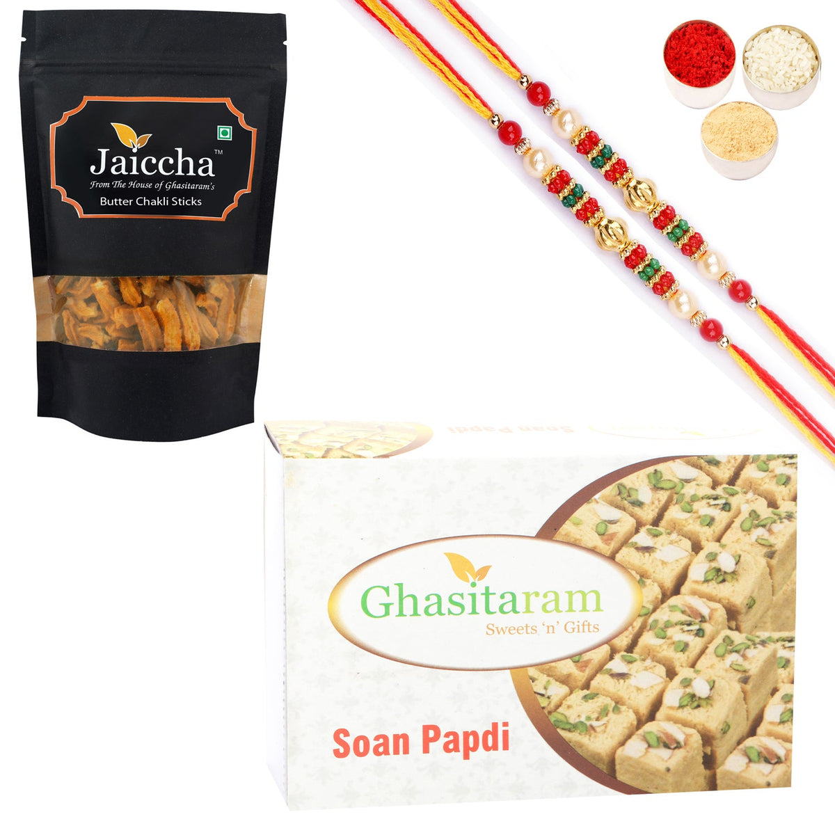 Ghasitaram Soan Papdi and Butter Chakli Sticks With 2 Pearl Beads Rakhis - Safuron
