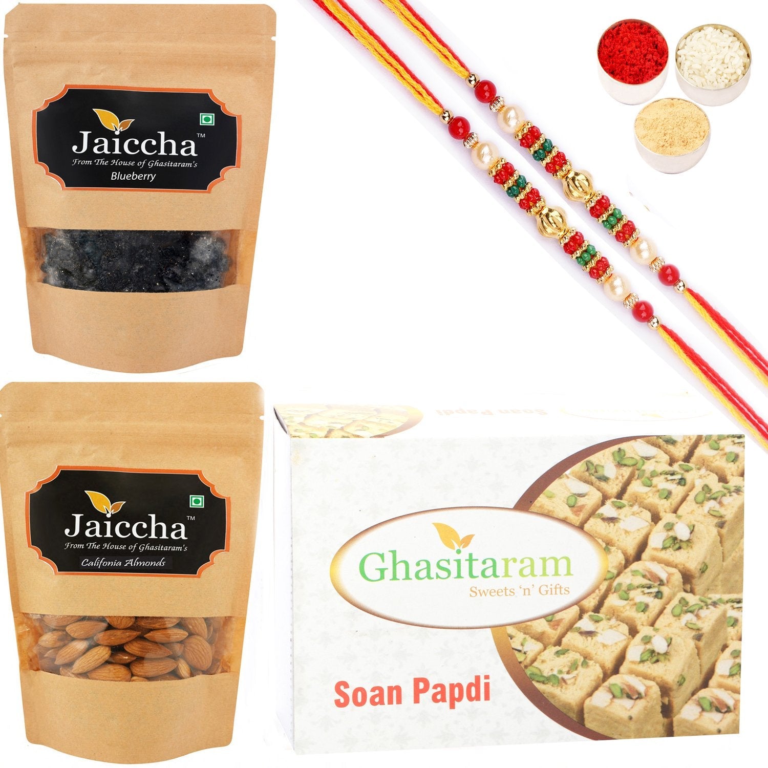 Ghasitaram Soan Papdi ,Blueberry and Almonds Pouch With 2 Pearl Beads Rakhis - Safuron