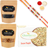 Ghasitaram Soan Papdi ,Blueberry and Almonds Pouch With 2 Pearl Beads Rakhis - Safuron