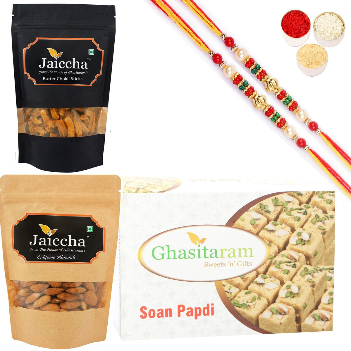 Ghasitaram Soan Papdi, Butter Chakli Sticks and Almonds With 2 Pearl Beads Rakhis - Safuron