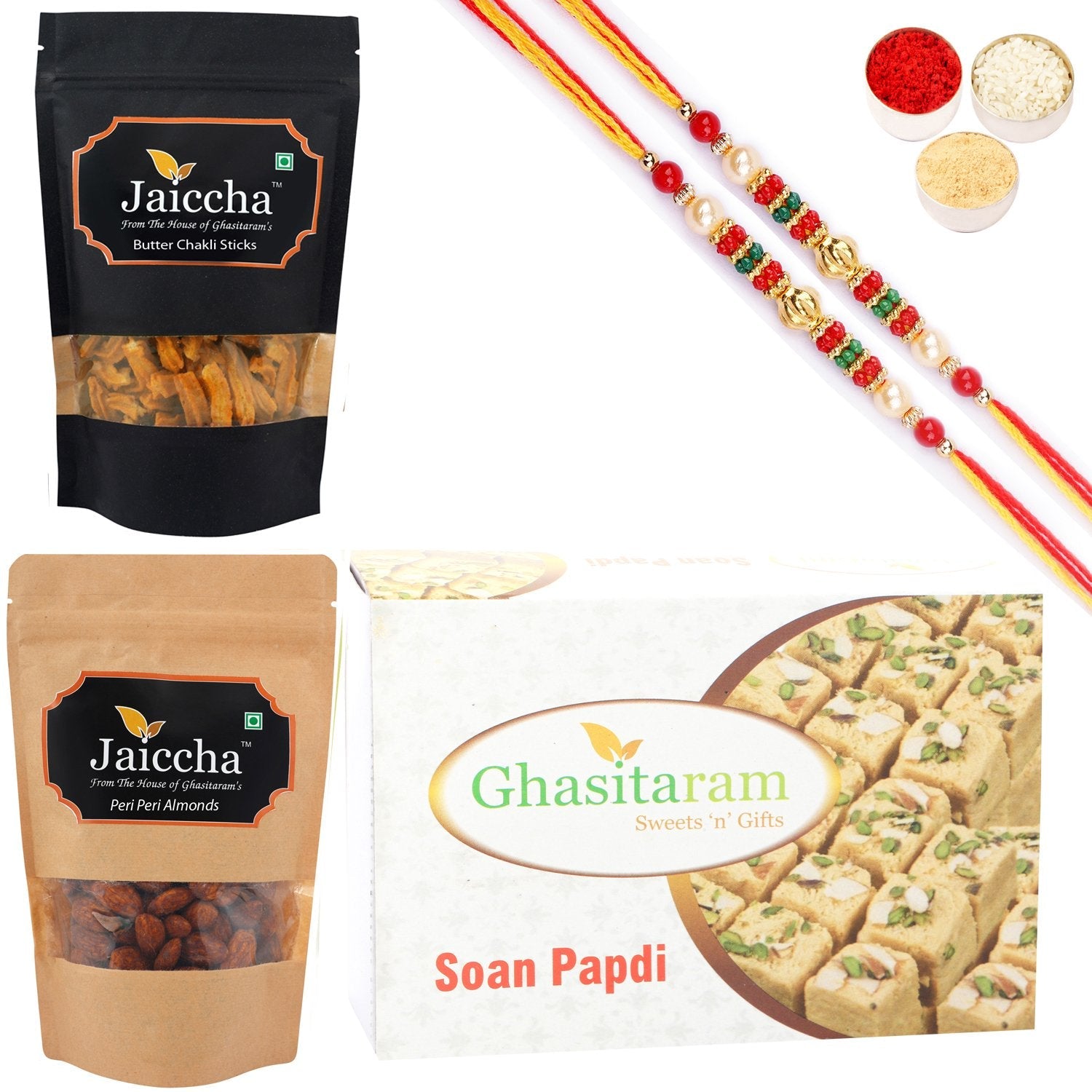Ghasitaram Soan Papdi, Butter Chakli Sticks and Peri Peri Almonds With 2 Pearl Beads Rakhis - Safuron