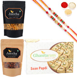 Ghasitaram Soan Papdi, Butter Chakli Sticks and Peri Peri Almonds With 2 Pearl Beads Rakhis - Safuron