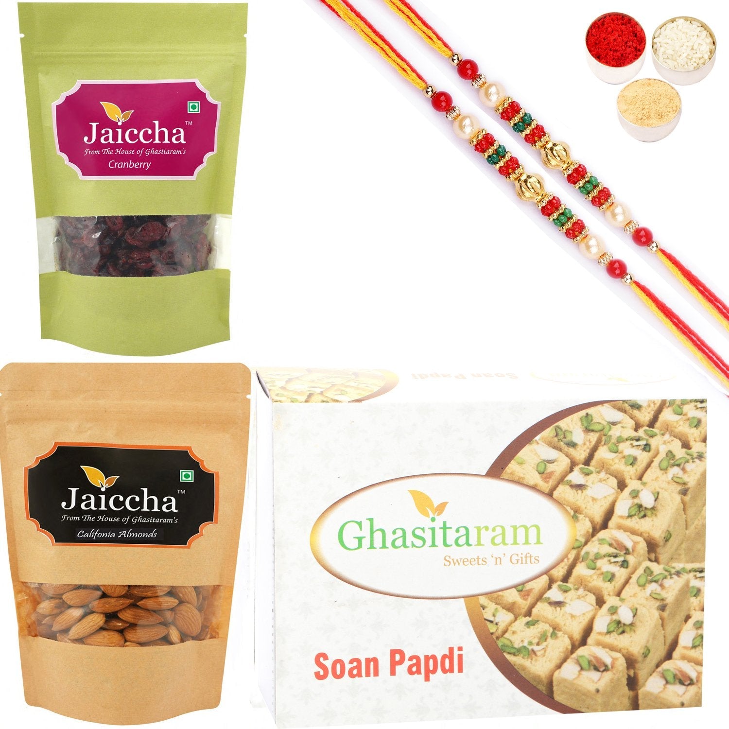 Ghasitaram Soan Papdi ,Cranberry and Almonds Pouch With 2 Pearl Beads Rakhis - Safuron