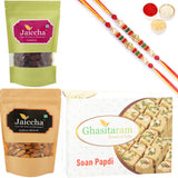 Ghasitaram Soan Papdi ,Cranberry and Almonds Pouch With 2 Pearl Beads Rakhis - Safuron