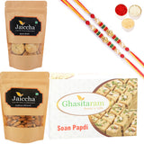 Ghasitaram Soan Papdi, Methi Mathi and Almonds With 2 Pearl Beads Rakhis - Safuron