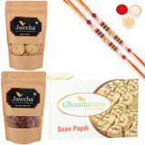Ghasitaram Soan Papdi, Methi Mathi and Peri Peri Almonds With 2 Pearl Beads Rakhis - Safuron