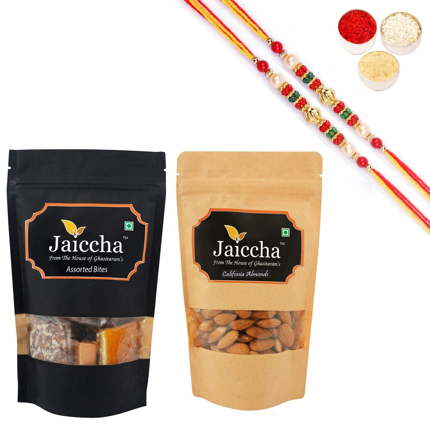 Ghasitaram Assorted Bites, Almonds With 2 Pearl Beads Rakhis - Safuron