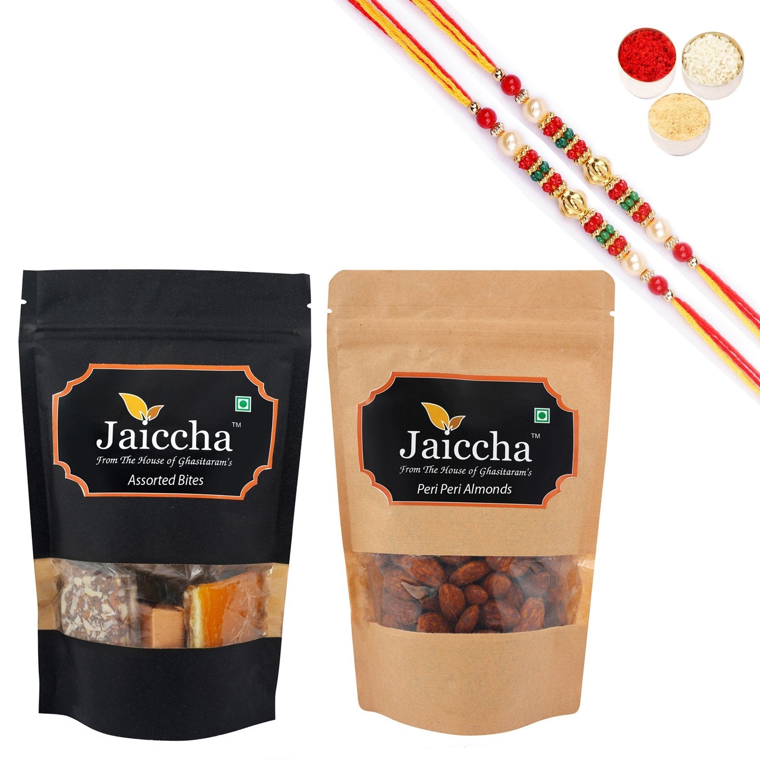 Ghasitaram Assorted Bites, Peri Peri Almonds With 2 Pearl Beads Rakhis - Safuron