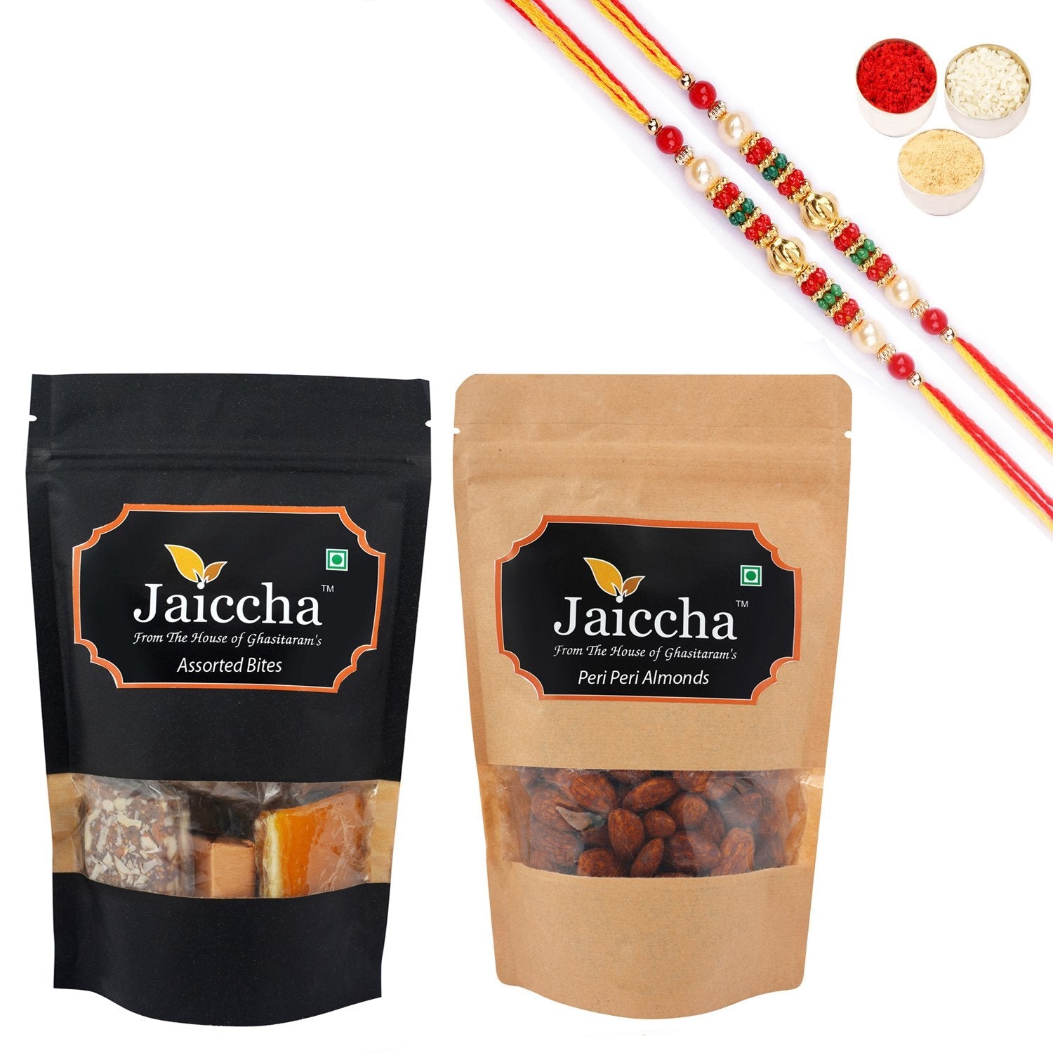 Ghasitaram Assorted Bites, Peri Peri Almonds With 2 Pearl Beads Rakhis - Safuron