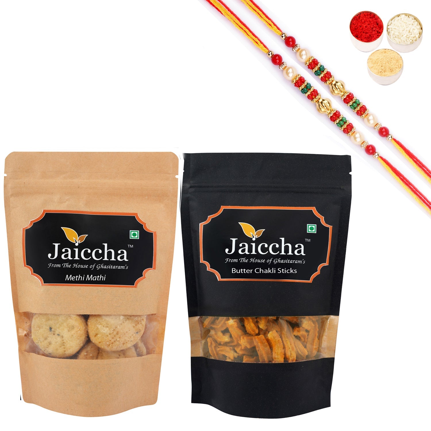 Ghasitaram Jaiccha Assorted Bites and Methi Mathi With 2 Pearl Beads Rakhis - Safuron