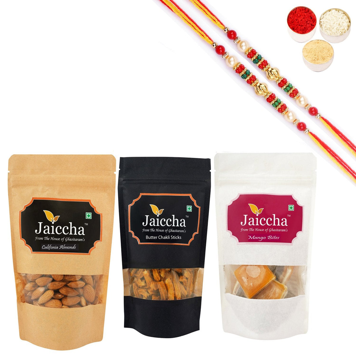 Ghasitaram Jaiccha Mango Bites, Butter Chakli Sticks and Almonds With 2 Pearl Beads Rakhis - Safuron