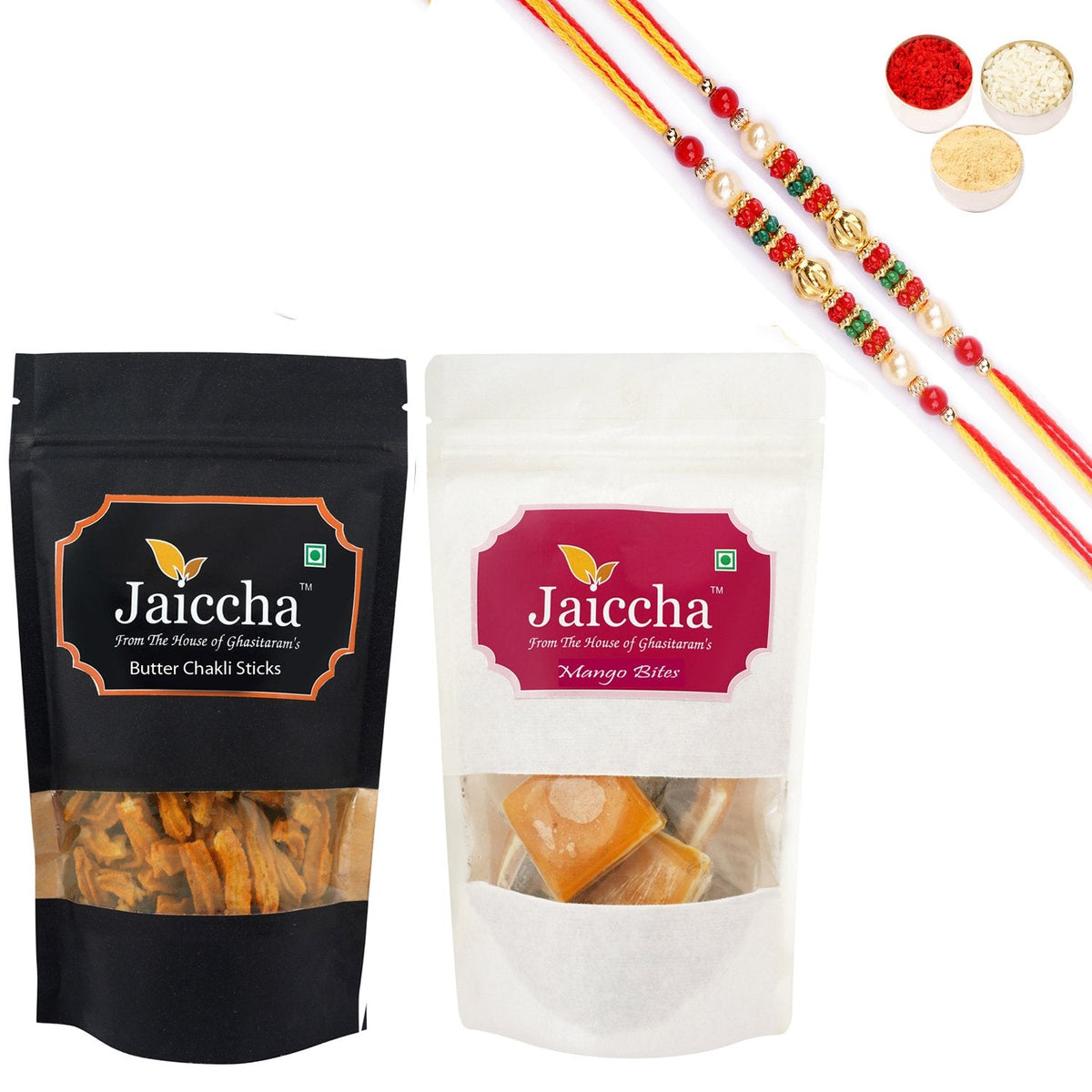 Ghasitaram Mango Bites and Butter Chakli Sticks With 2 Pearl Beads Rakhis - Safuron