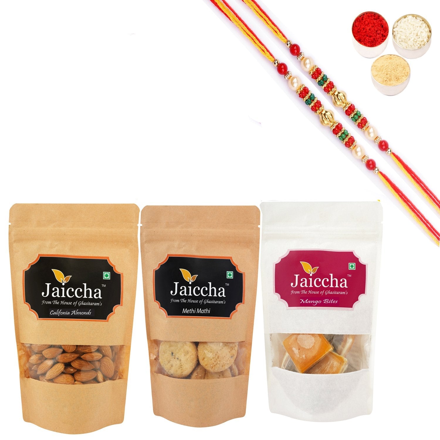 Ghasitaram jaiccha Mango Bites, Methi Mathi and Almonds With 2 Pearl Beads Rakhis - Safuron