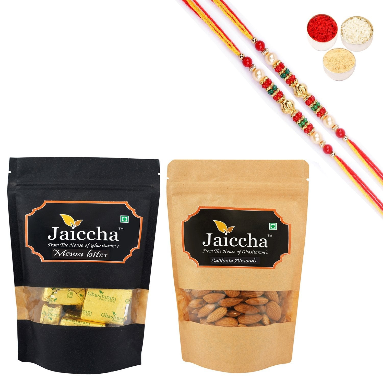 Ghasitaram Mewa Bites, Almonds With 2 Pearl Beads Rakhis - Safuron