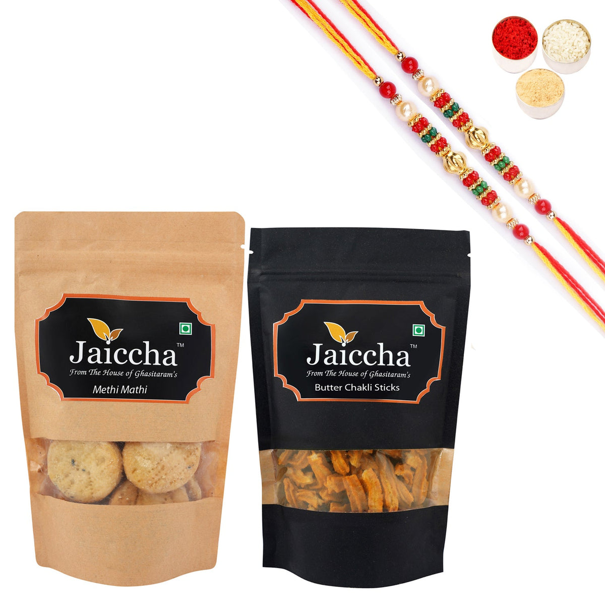 Ghasitaram Jaiccha Mewa Bites and Methi Mathi With 2 Pearl Beads Rakhis - Safuron