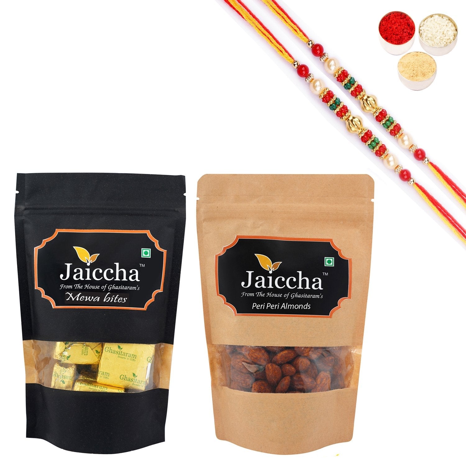 Ghasitaram Mewa Bites, Peri Peri Almonds With 2 Pearl Beads Rakhis - Safuron