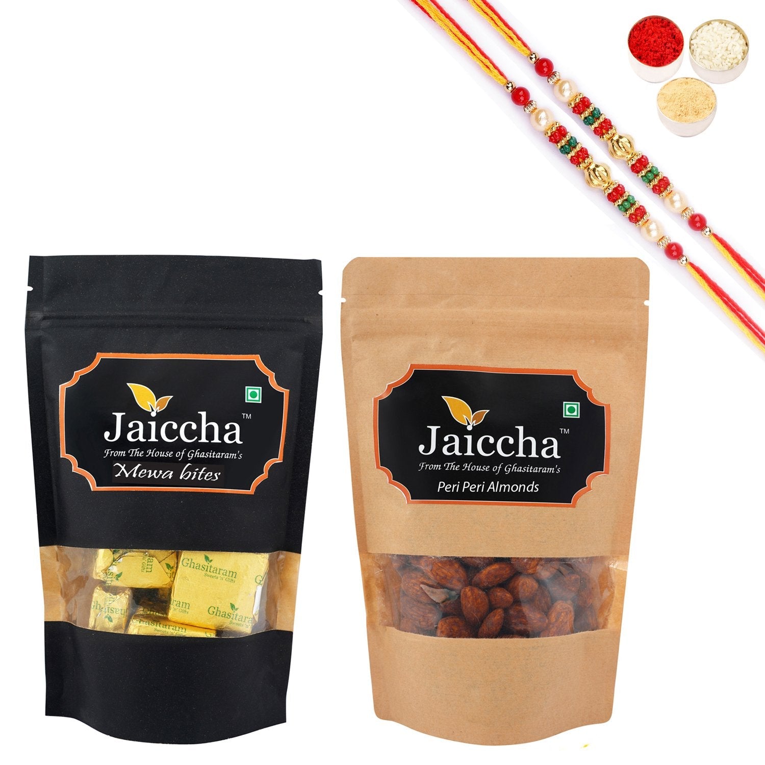 Ghasitaram Mewa Bites, Peri Peri Almonds With 2 Pearl Beads Rakhis - Safuron