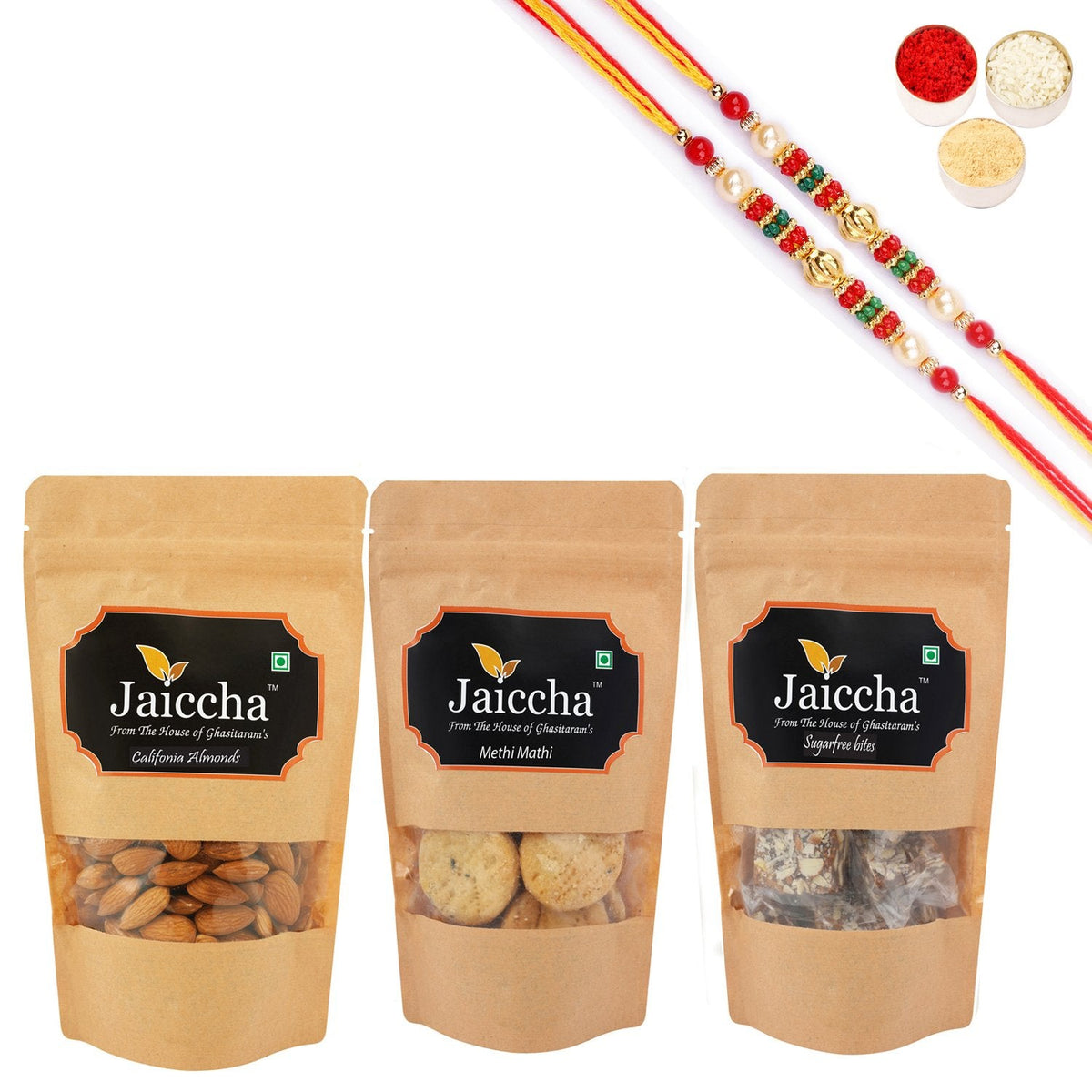 Ghasitaram Jaiccha Suagrfree Bites, Methi Mathi and Almonds With 2 Pearl Beads Rakhis - Safuron